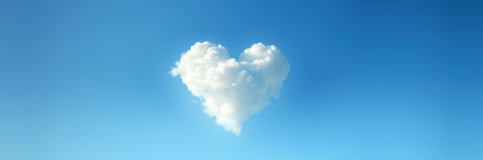 A heart-shaped cloud floats in a clear blue sky midday